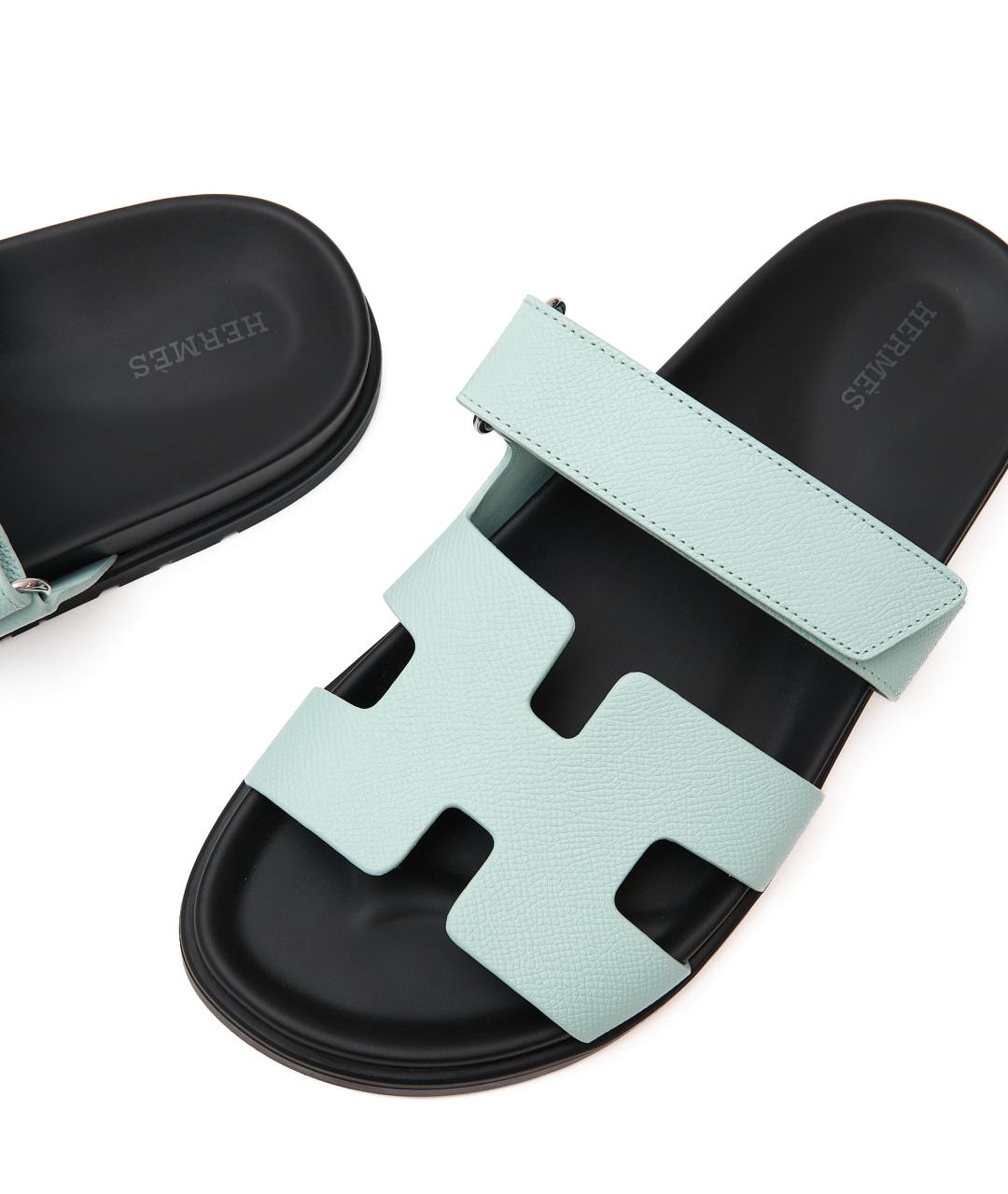 HERMES Голубые кожаные шлепанцы, фото 5