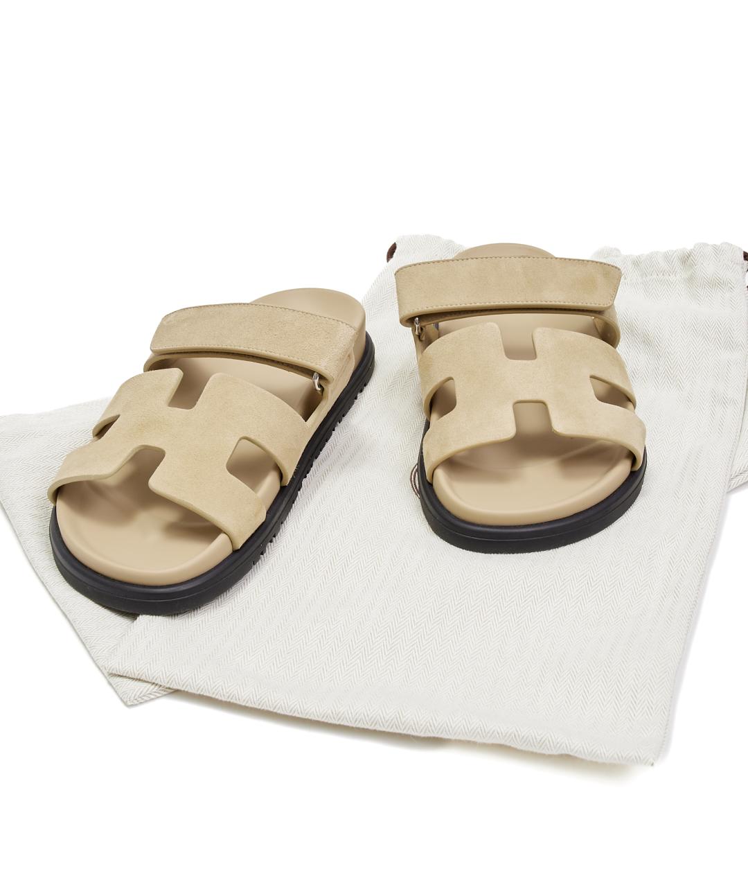 HERMES Бежевые замшевые сандалии, фото 6