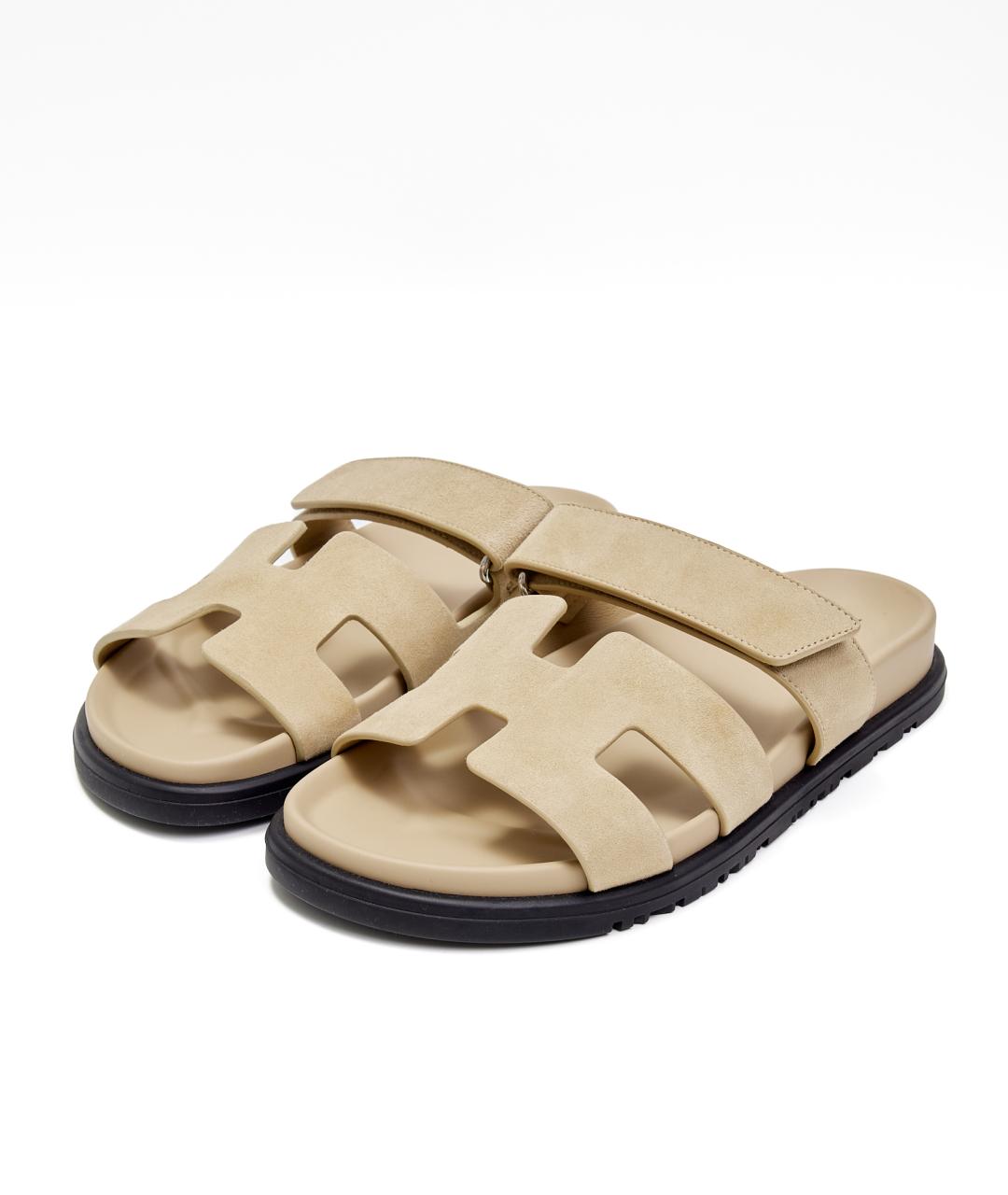 HERMES Бежевые замшевые сандалии, фото 2