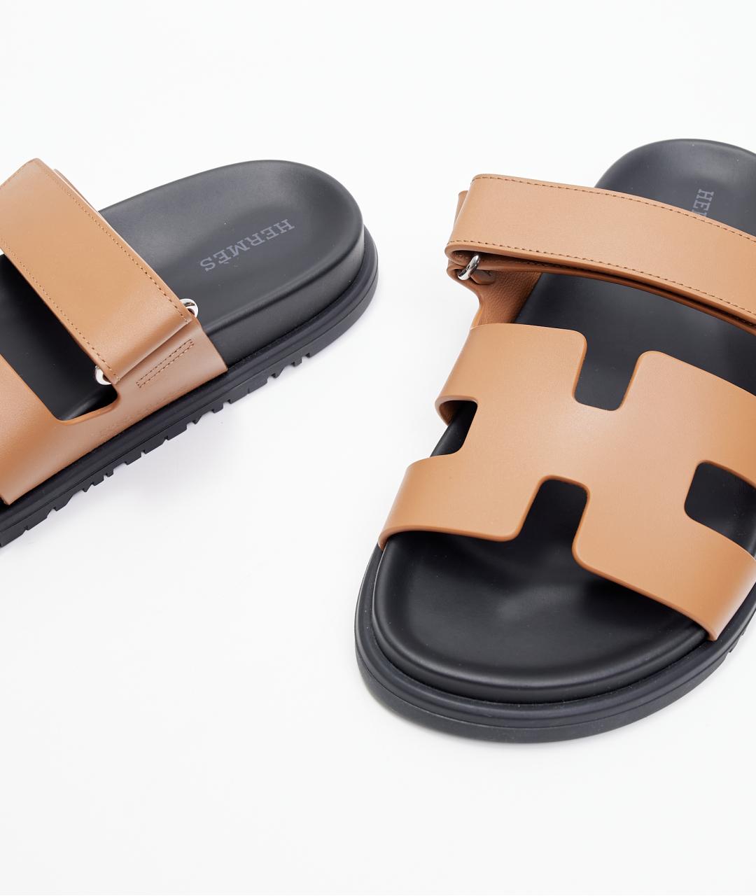 HERMES Коричневые кожаные шлепанцы, фото 5