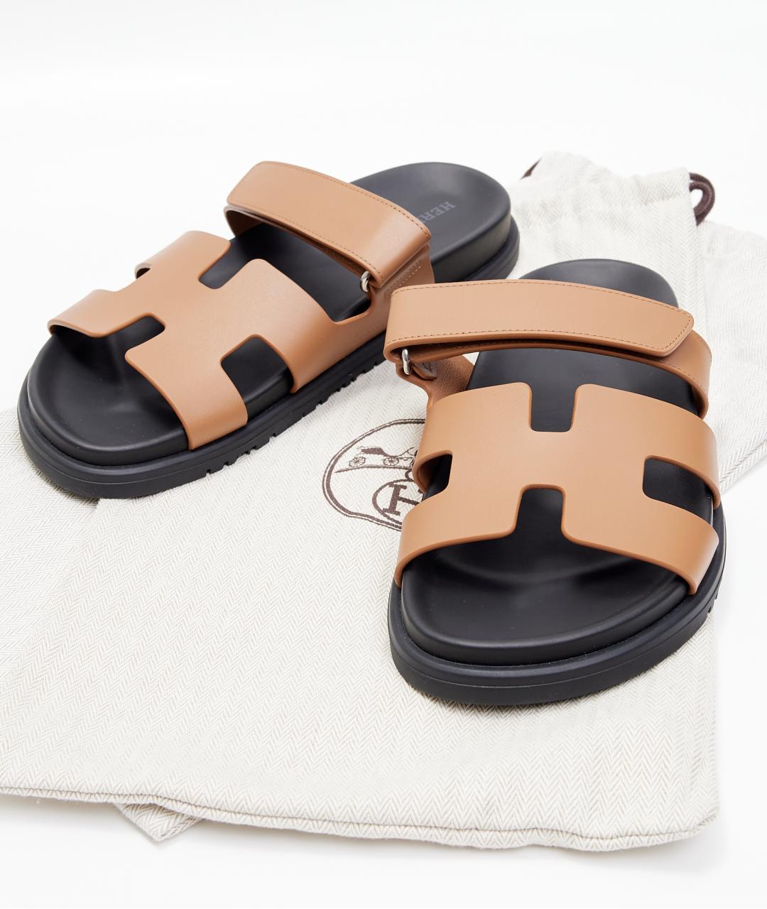 HERMES Коричневые кожаные шлепанцы, фото 7