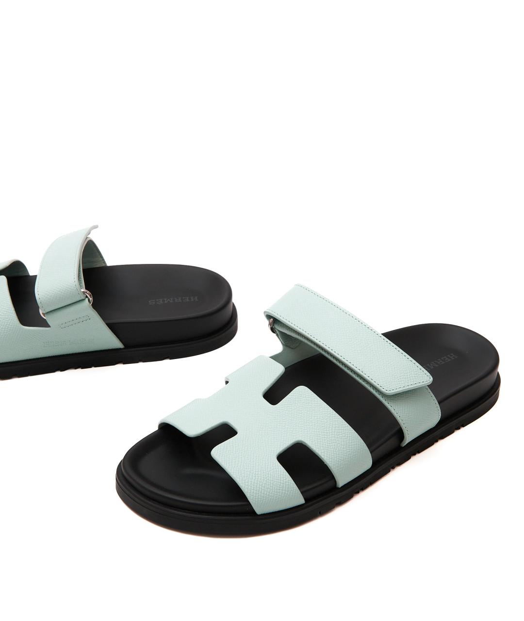 HERMES Голубые кожаные шлепанцы, фото 4