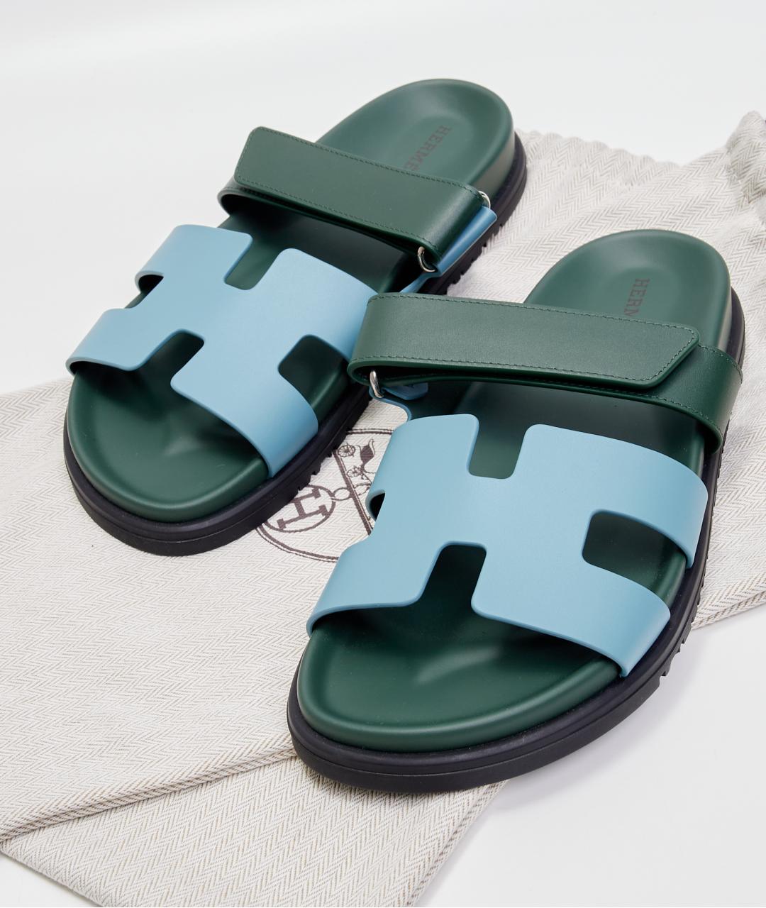 HERMES Голубые кожаные шлепанцы, фото 7