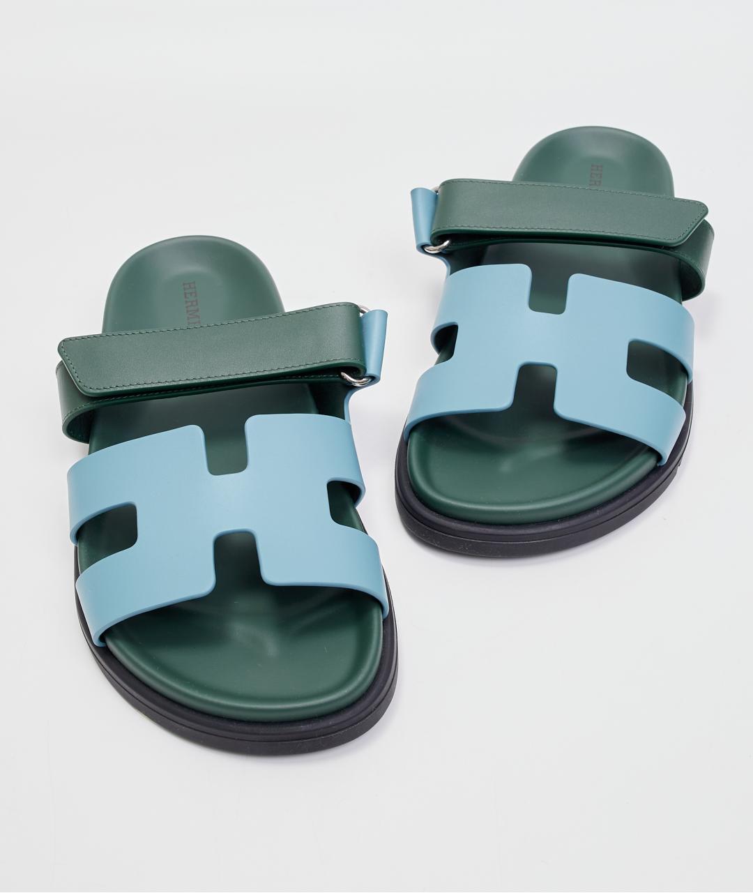 HERMES Голубые кожаные шлепанцы, фото 4