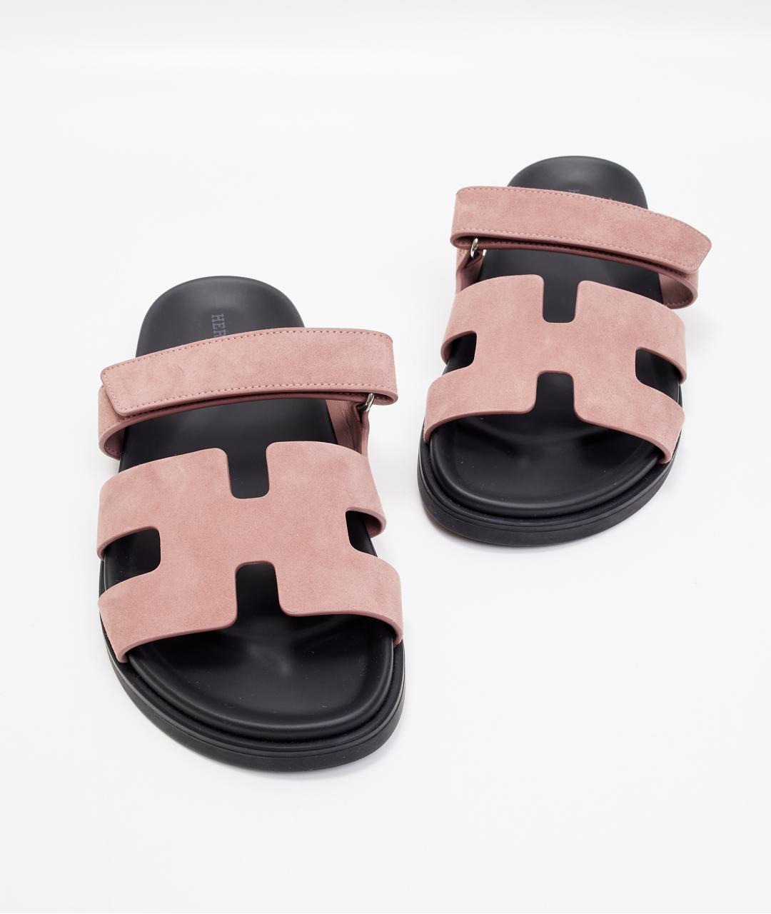 HERMES Розовые замшевые шлепанцы, фото 4