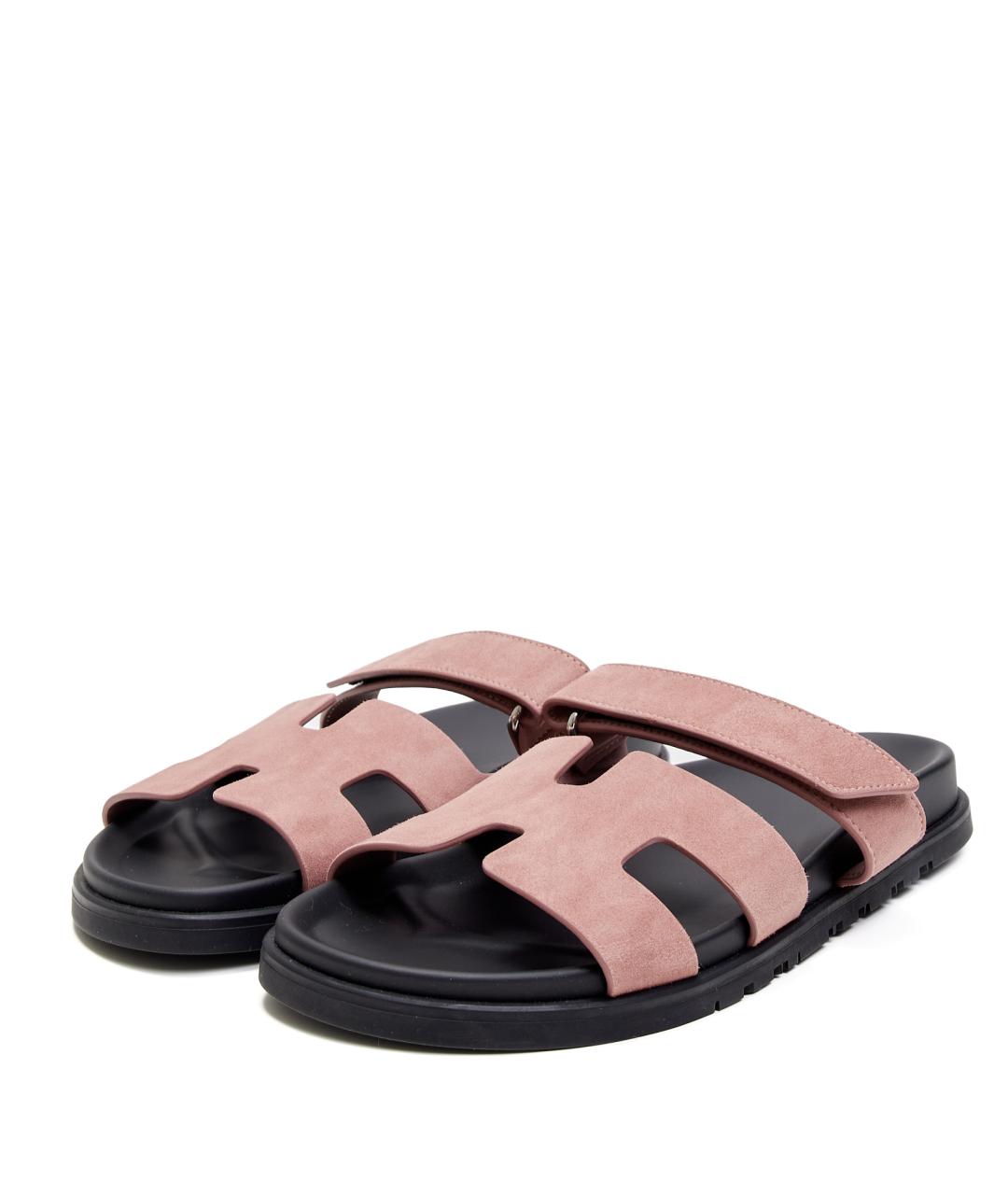HERMES Розовые замшевые шлепанцы, фото 2