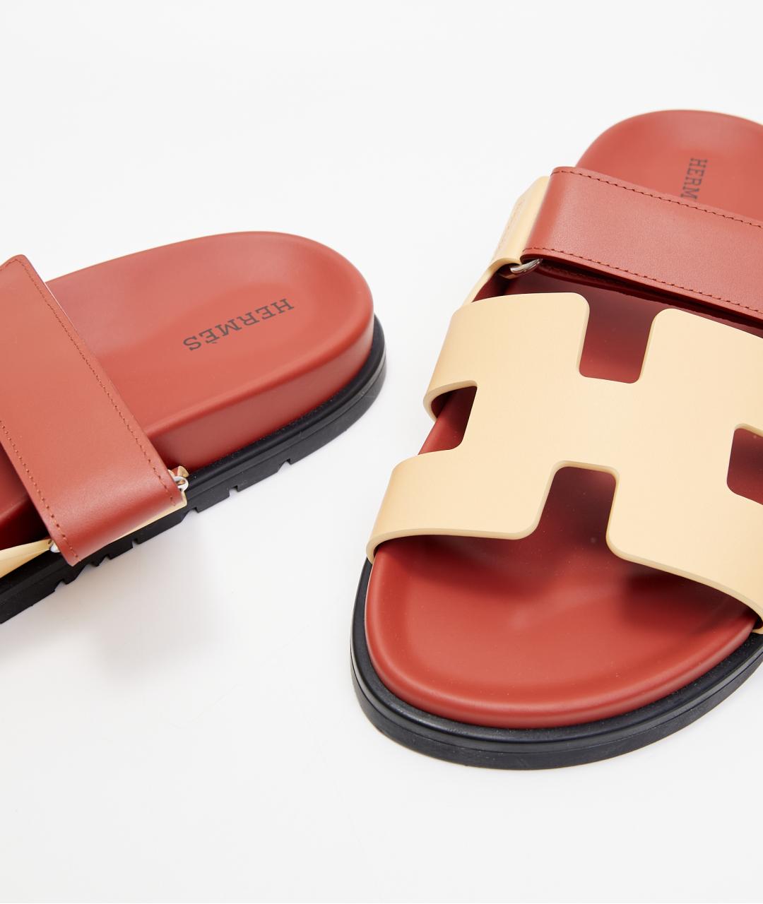 HERMES Красные кожаные шлепанцы, фото 4