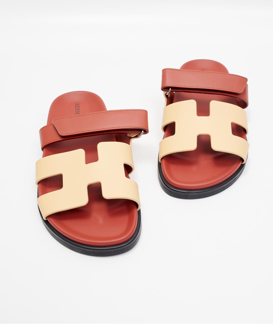 HERMES Красные кожаные шлепанцы, фото 6