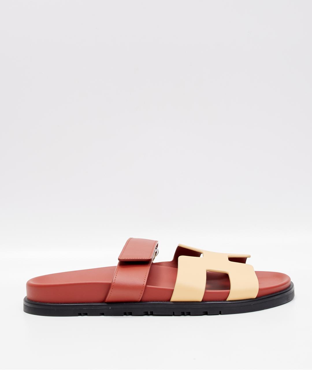 HERMES Красные кожаные шлепанцы, фото 8