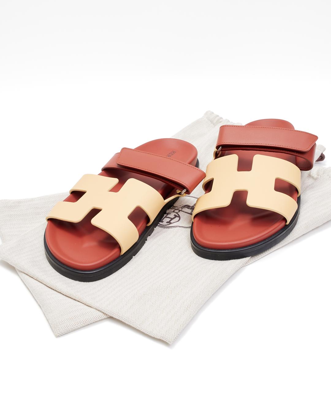 HERMES Красные кожаные шлепанцы, фото 7