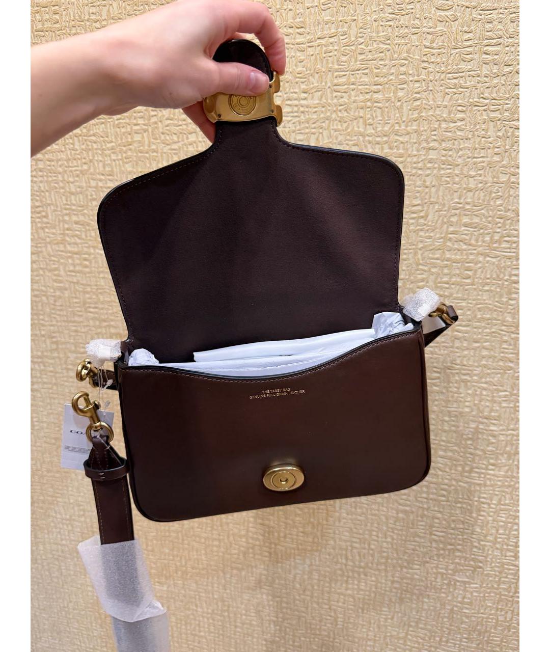COACH Коричневая кожаная сумка с короткими ручками, фото 5