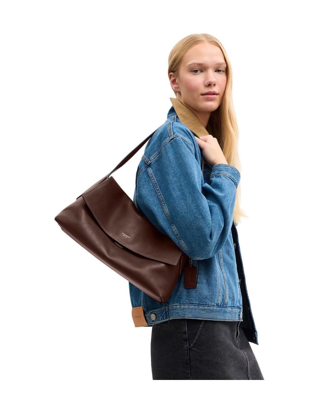 COACH Коричневая кожаная сумка с короткими ручками, фото 2