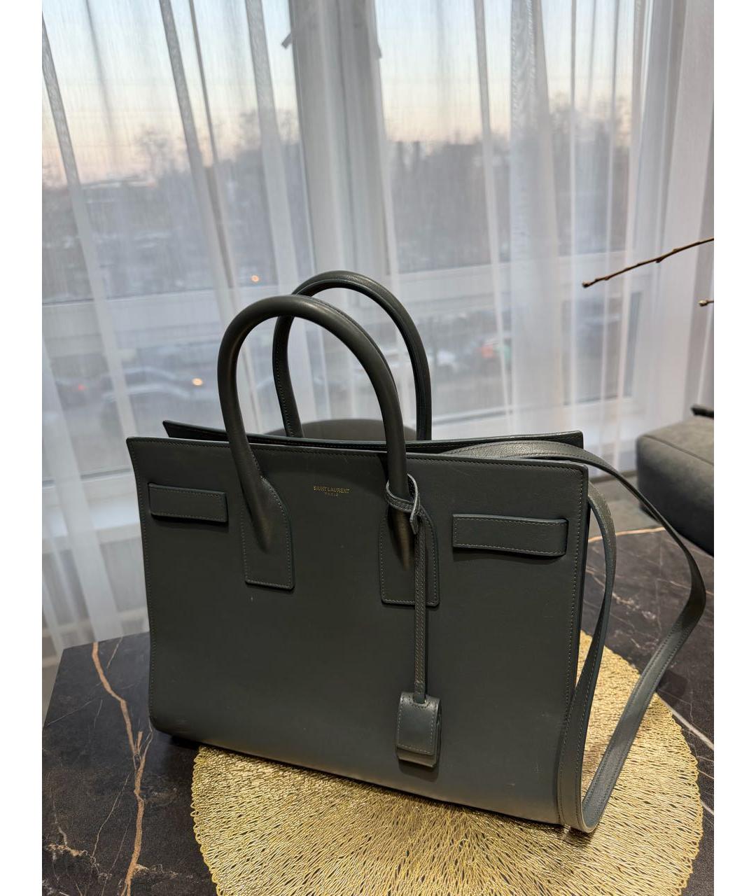 SAINT LAURENT Серая кожаная сумка с короткими ручками, фото 2