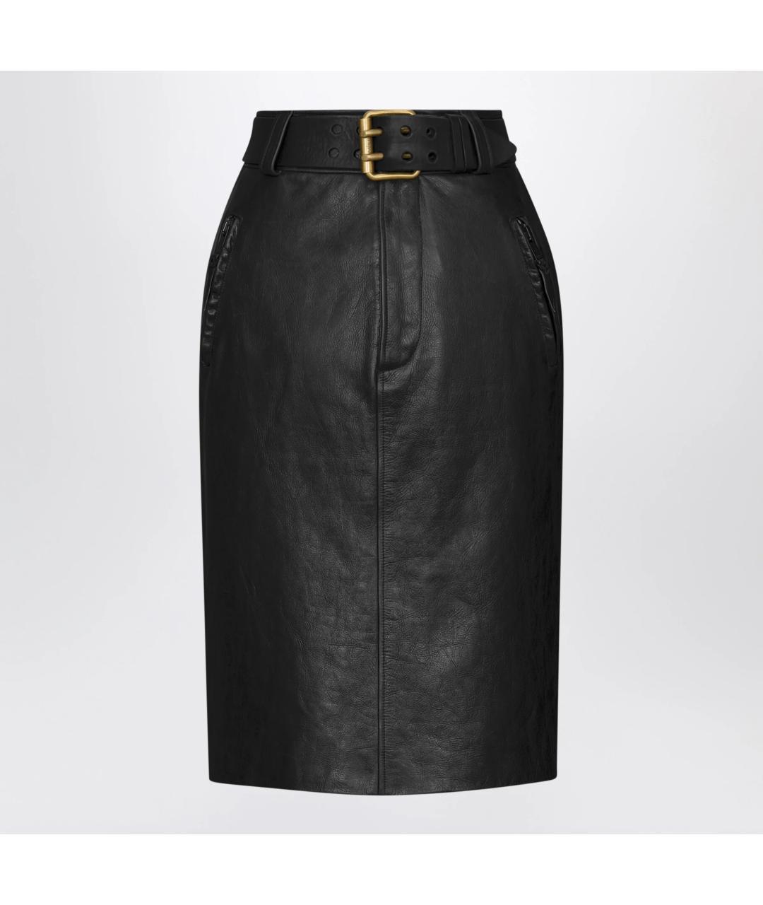 SAINT LAURENT Черная кожаная юбка миди, фото 3
