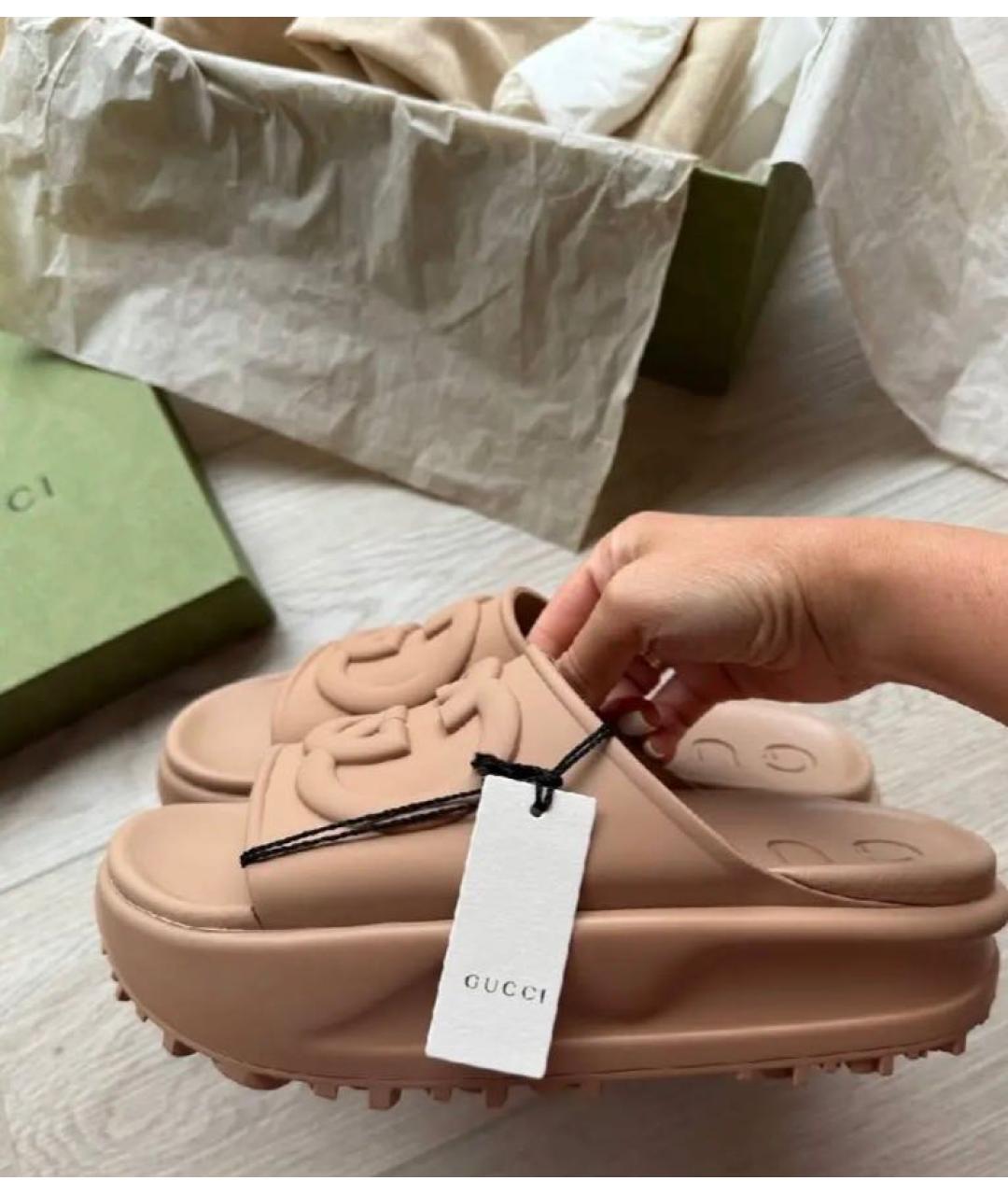 GUCCI Бежевые резиновые шлепанцы, фото 4