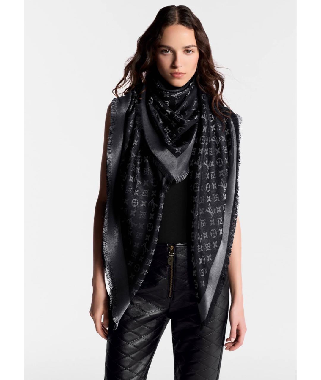 LOUIS VUITTON Черный шелковый платок, фото 7