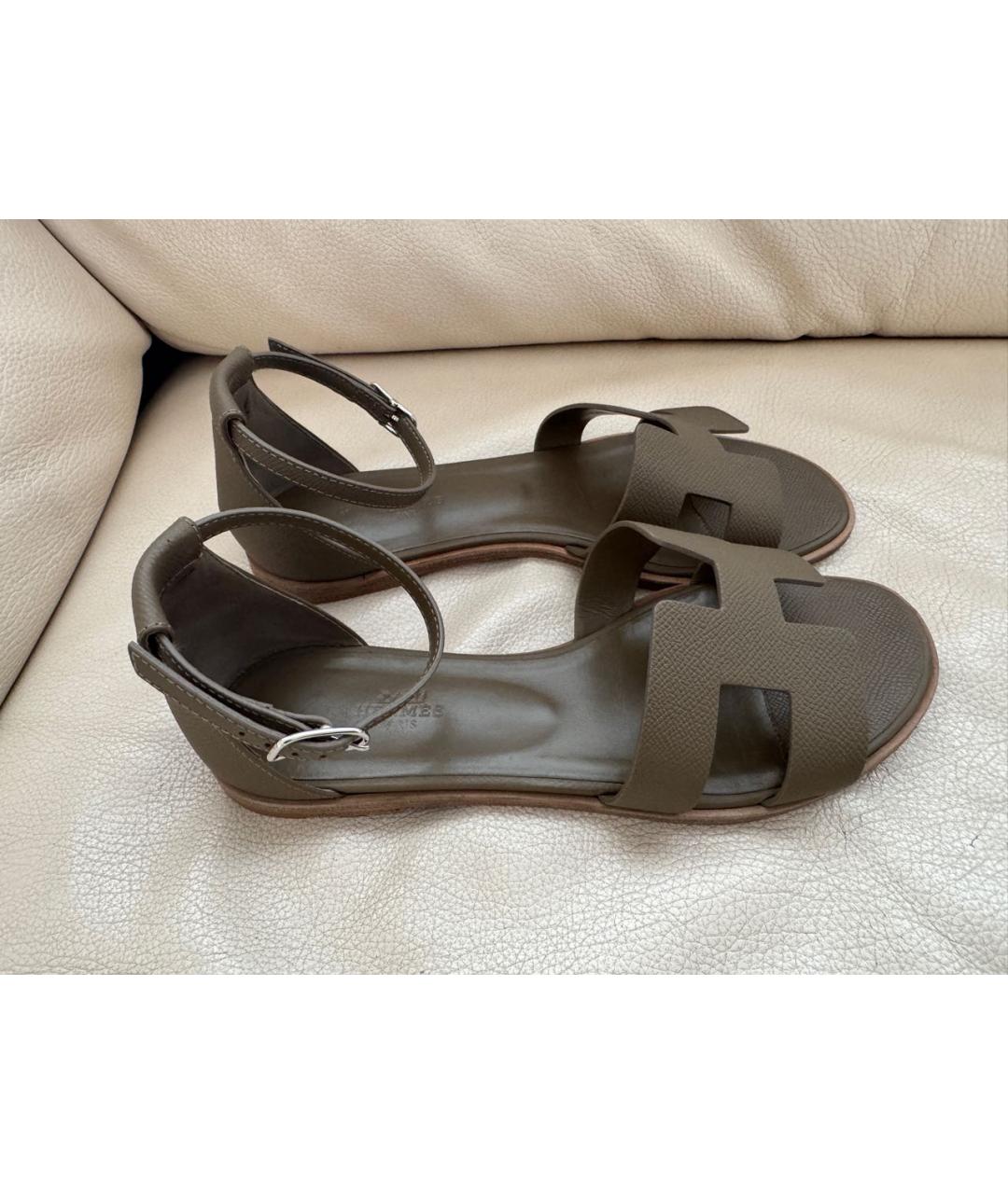 HERMES Хаки кожаные сандалии, фото 5