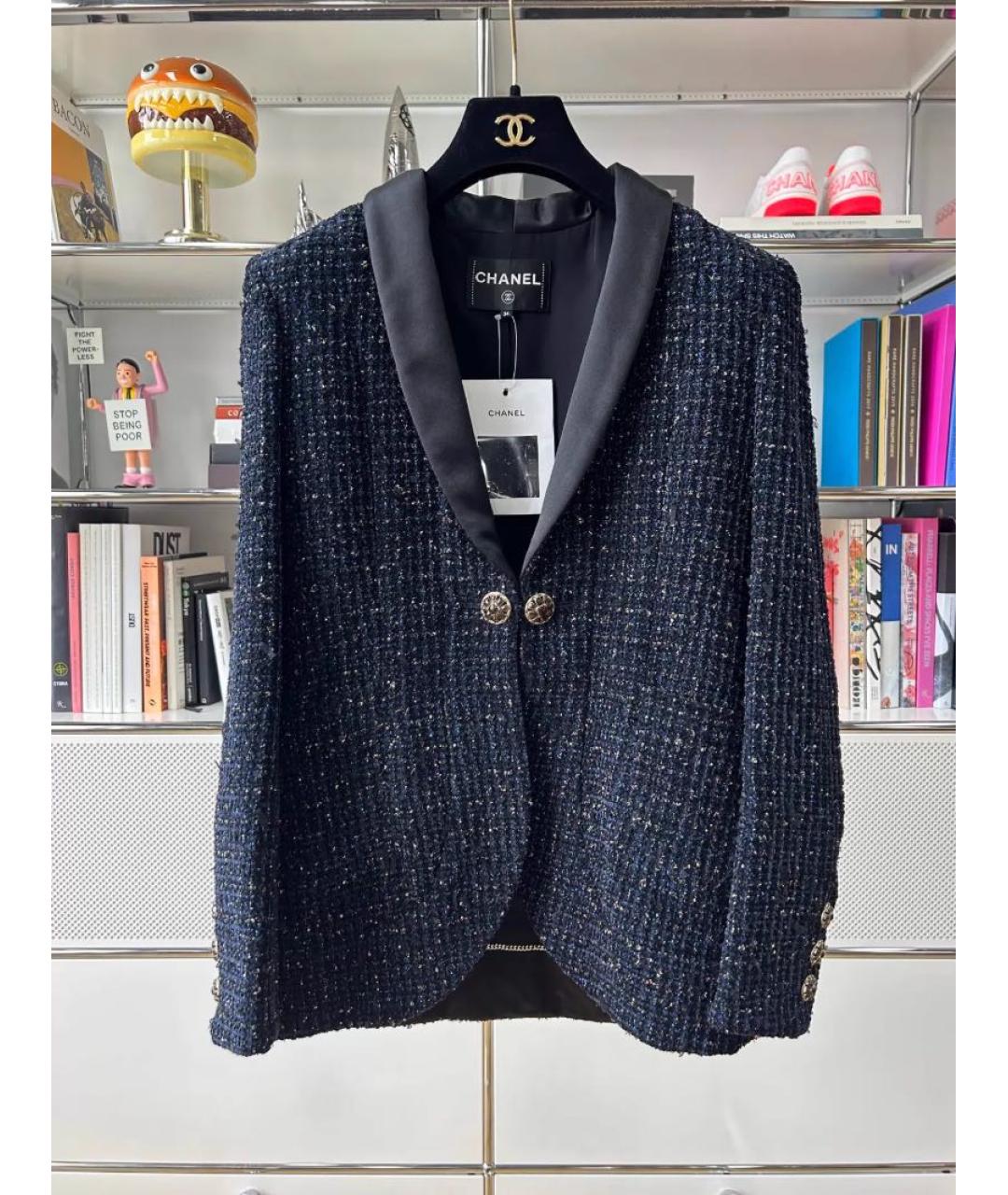 CHANEL Темно-синий твидовый жакет/пиджак, фото 9