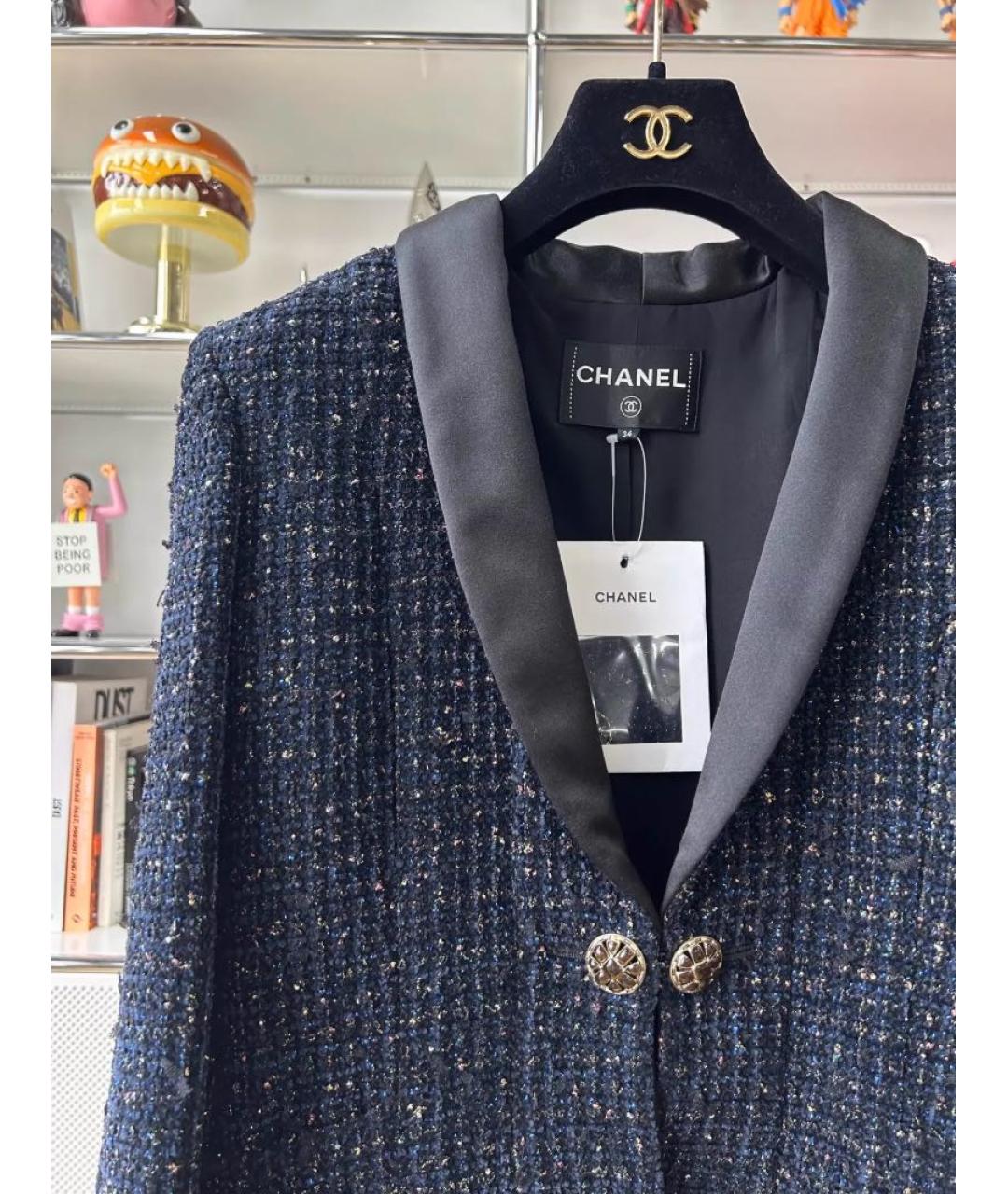 CHANEL Темно-синий твидовый жакет/пиджак, фото 2
