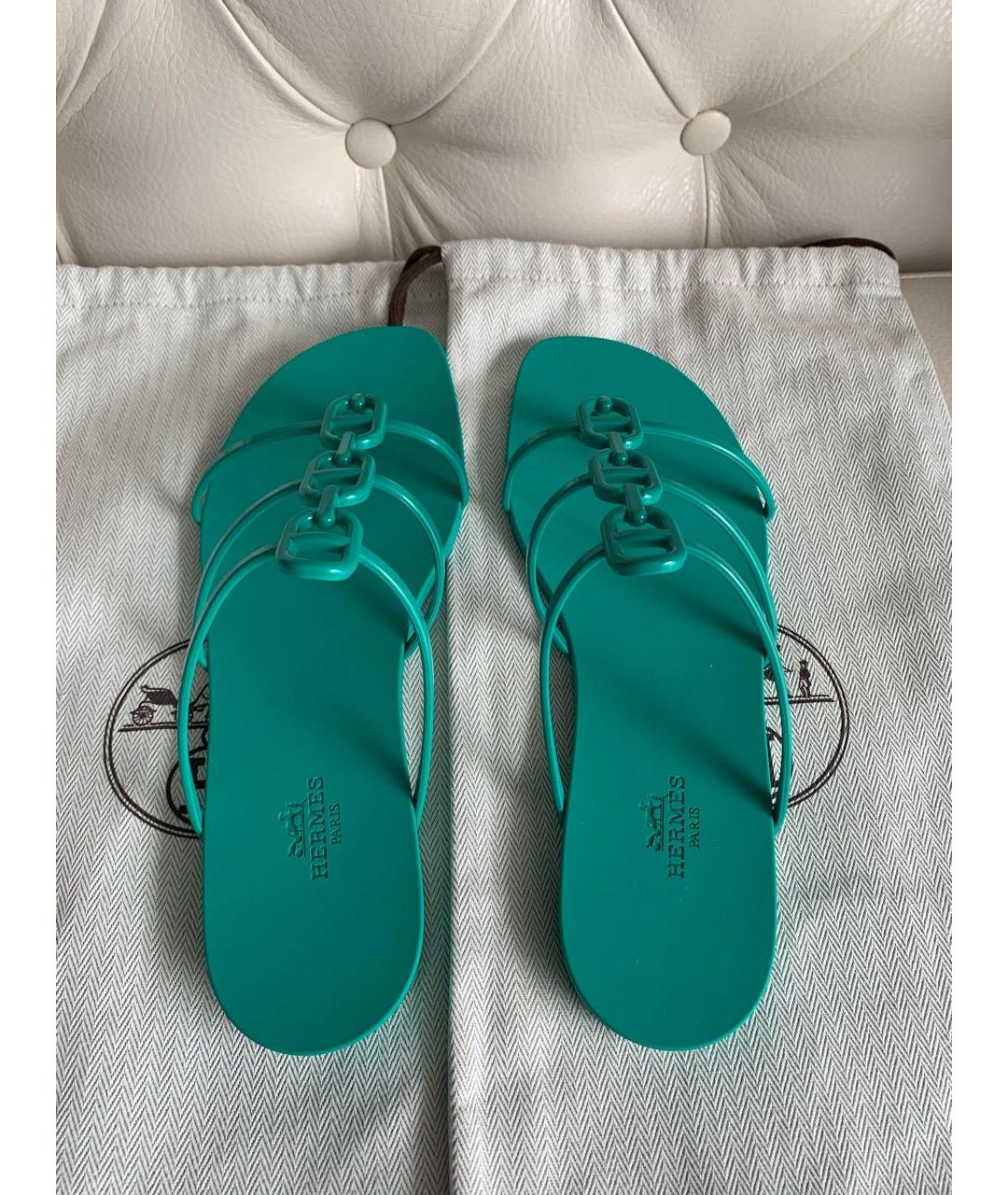 HERMES Зеленые резиновые шлепанцы, фото 3