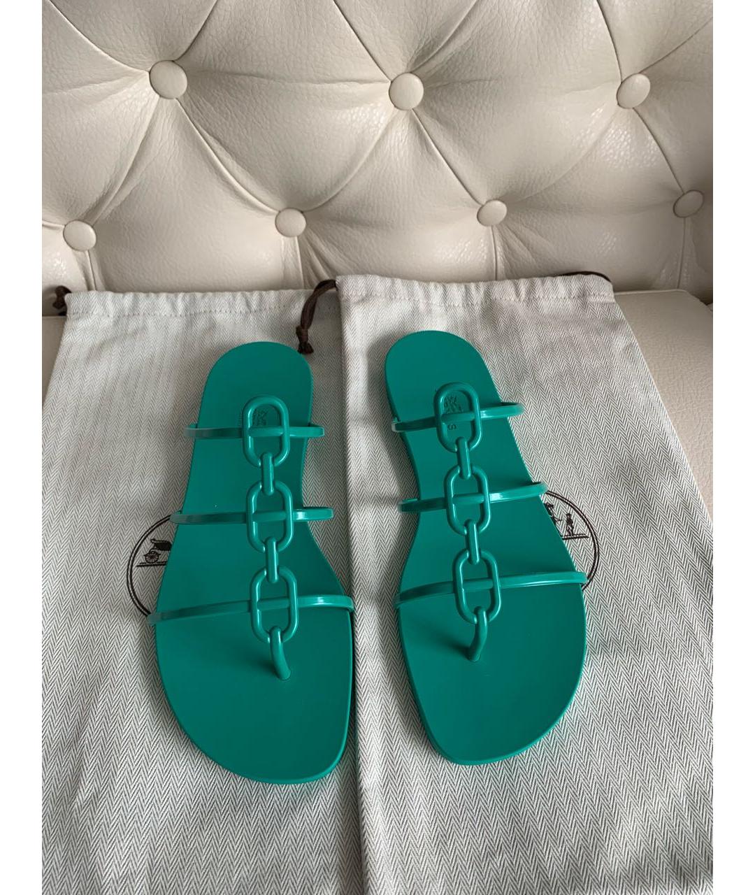 HERMES Зеленые резиновые шлепанцы, фото 2