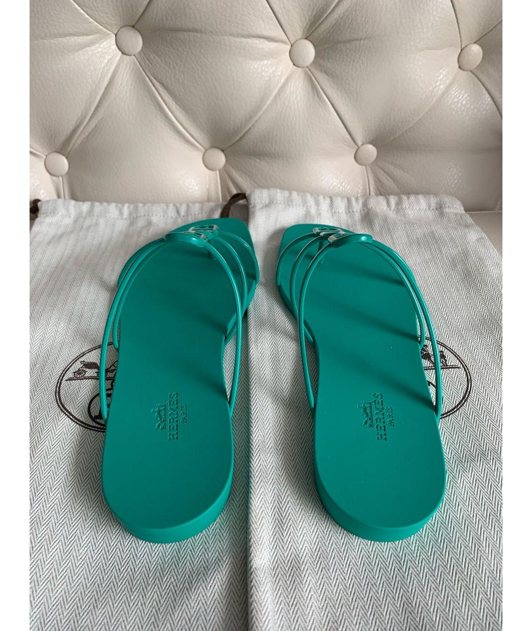 HERMES Зеленые резиновые шлепанцы, фото 4