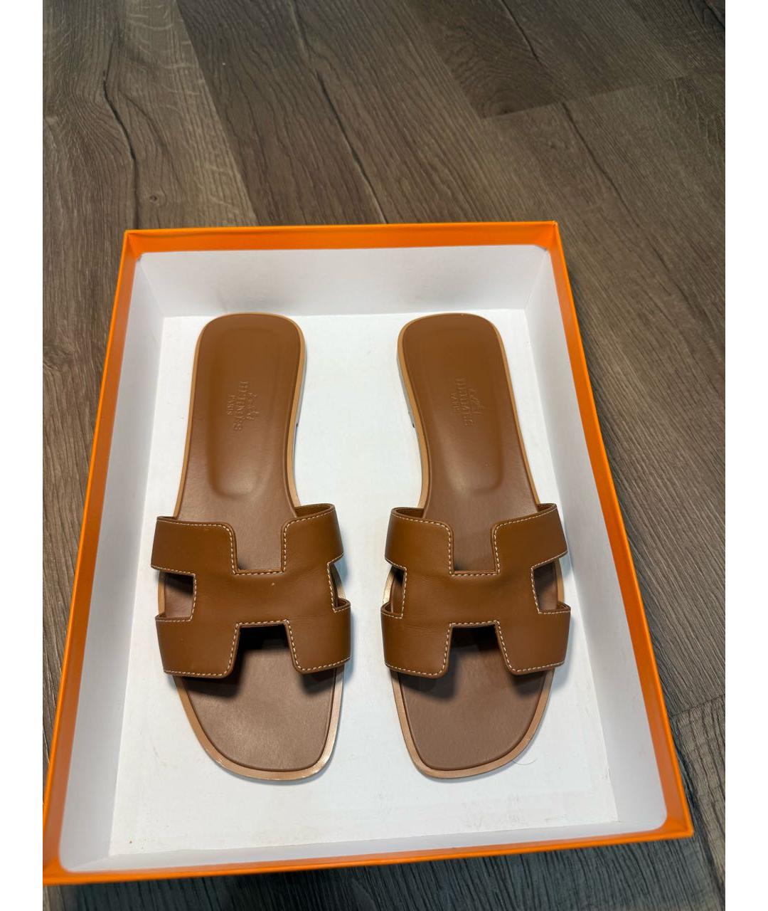 HERMES Коричневые кожаные шлепанцы, фото 3