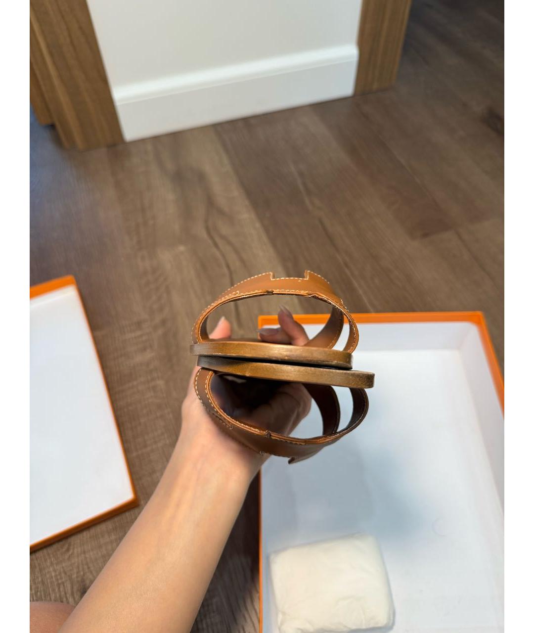 HERMES Коричневые кожаные шлепанцы, фото 2