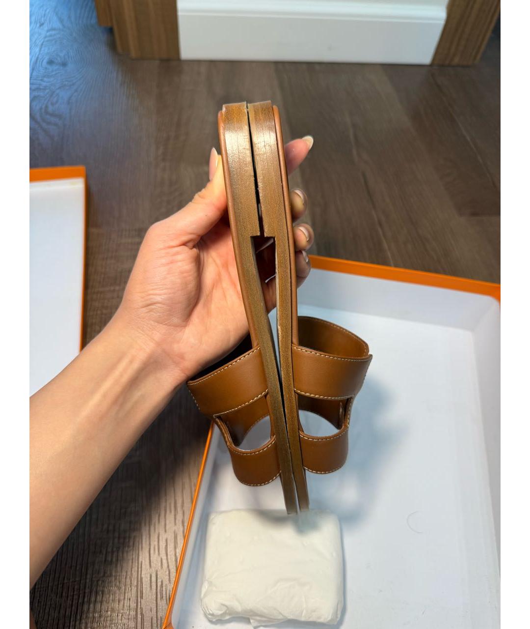 HERMES Коричневые кожаные шлепанцы, фото 6