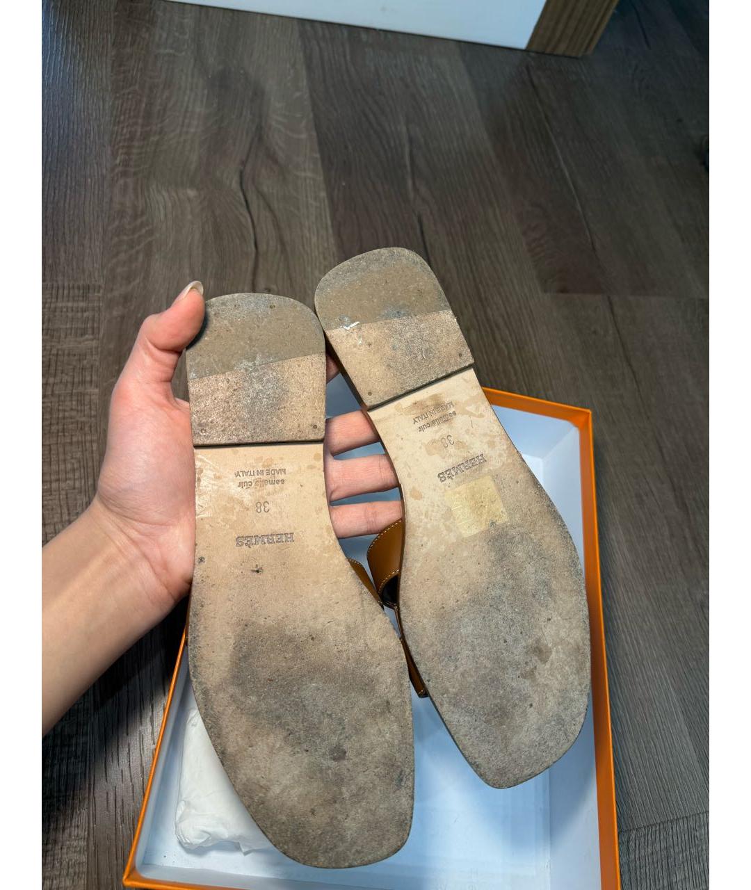 HERMES Коричневые кожаные шлепанцы, фото 5