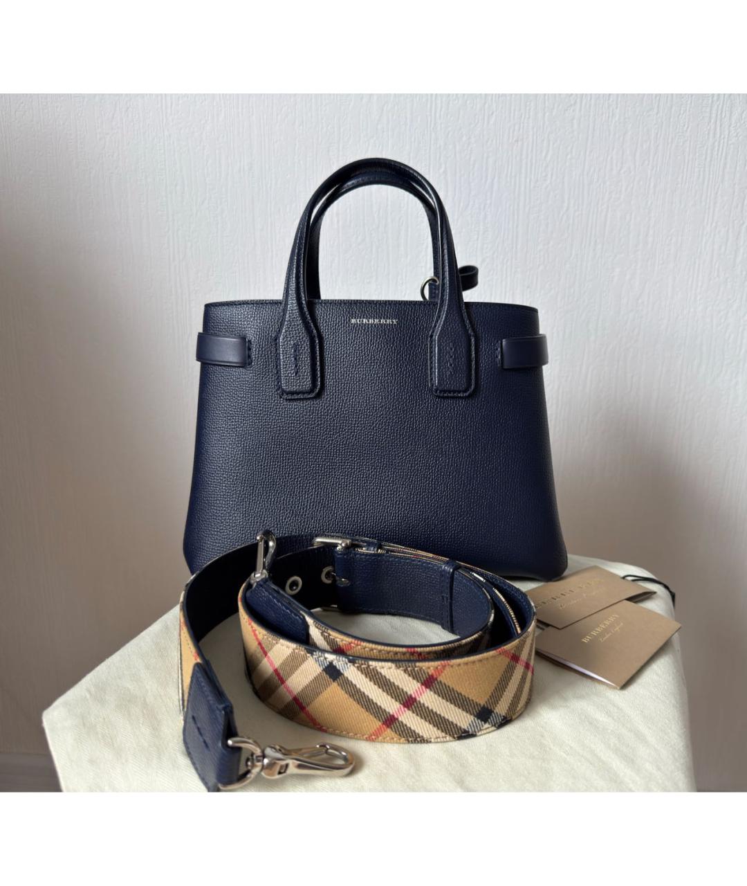BURBERRY Темно-синяя кожаная сумка тоут, фото 7