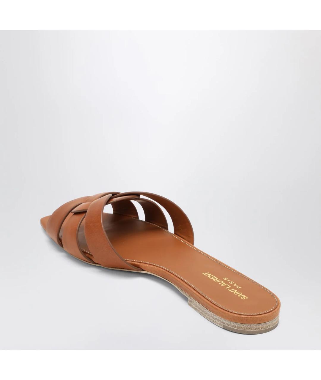 SAINT LAURENT Коричневые кожаные шлепанцы, фото 2