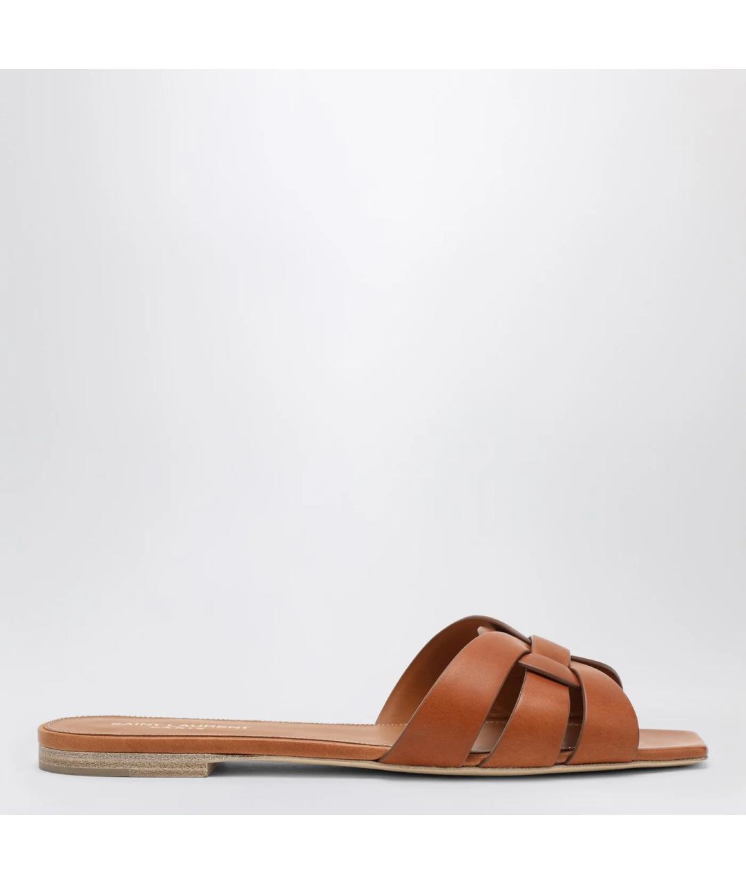 SAINT LAURENT Коричневые кожаные шлепанцы, фото 3