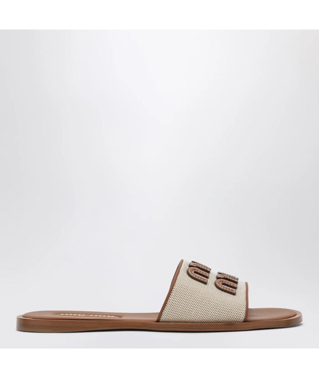 MIU MIU Бежевые текстильные шлепанцы, фото 3