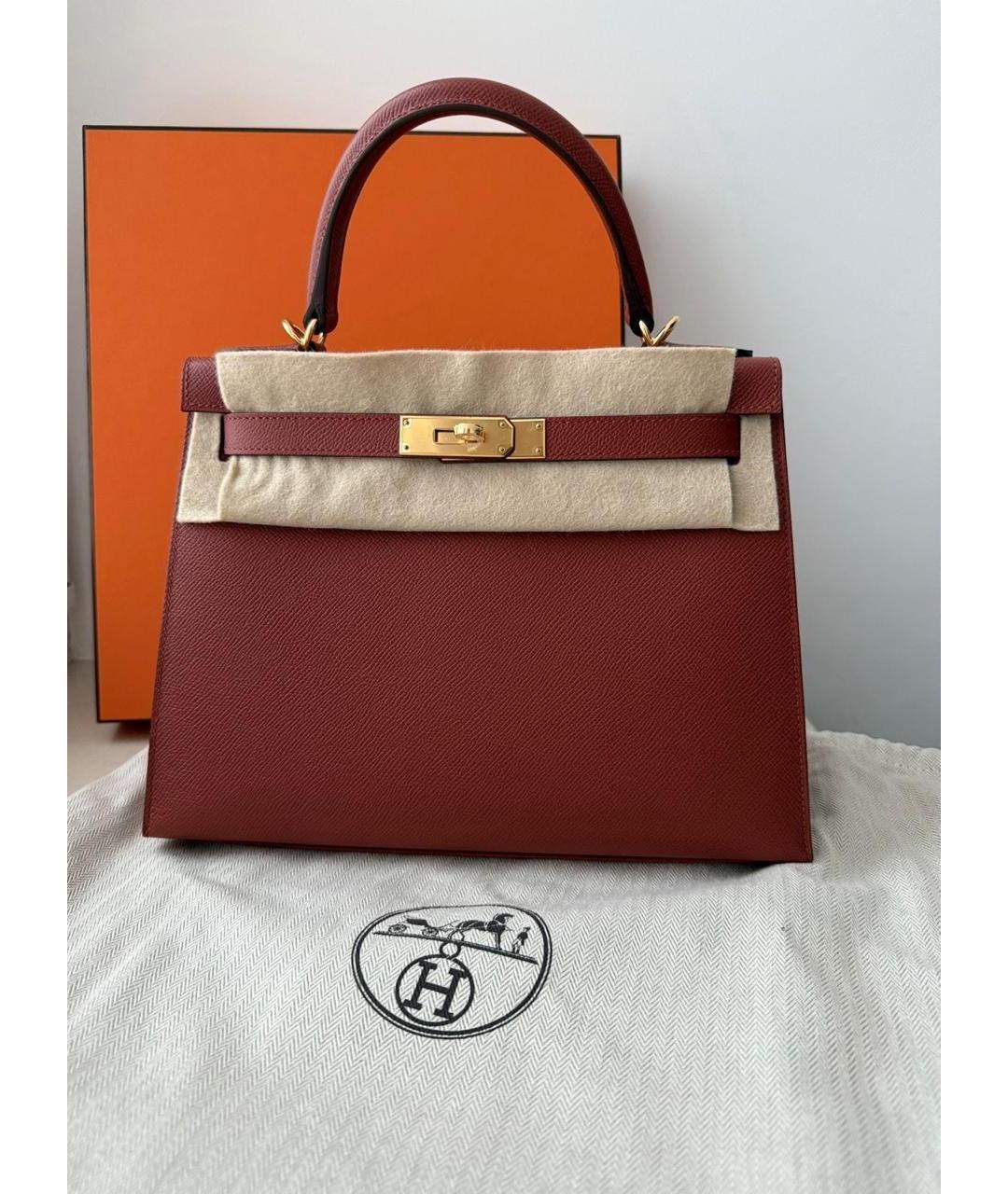 HERMES Бордовая кожаная сумка с короткими ручками, фото 5