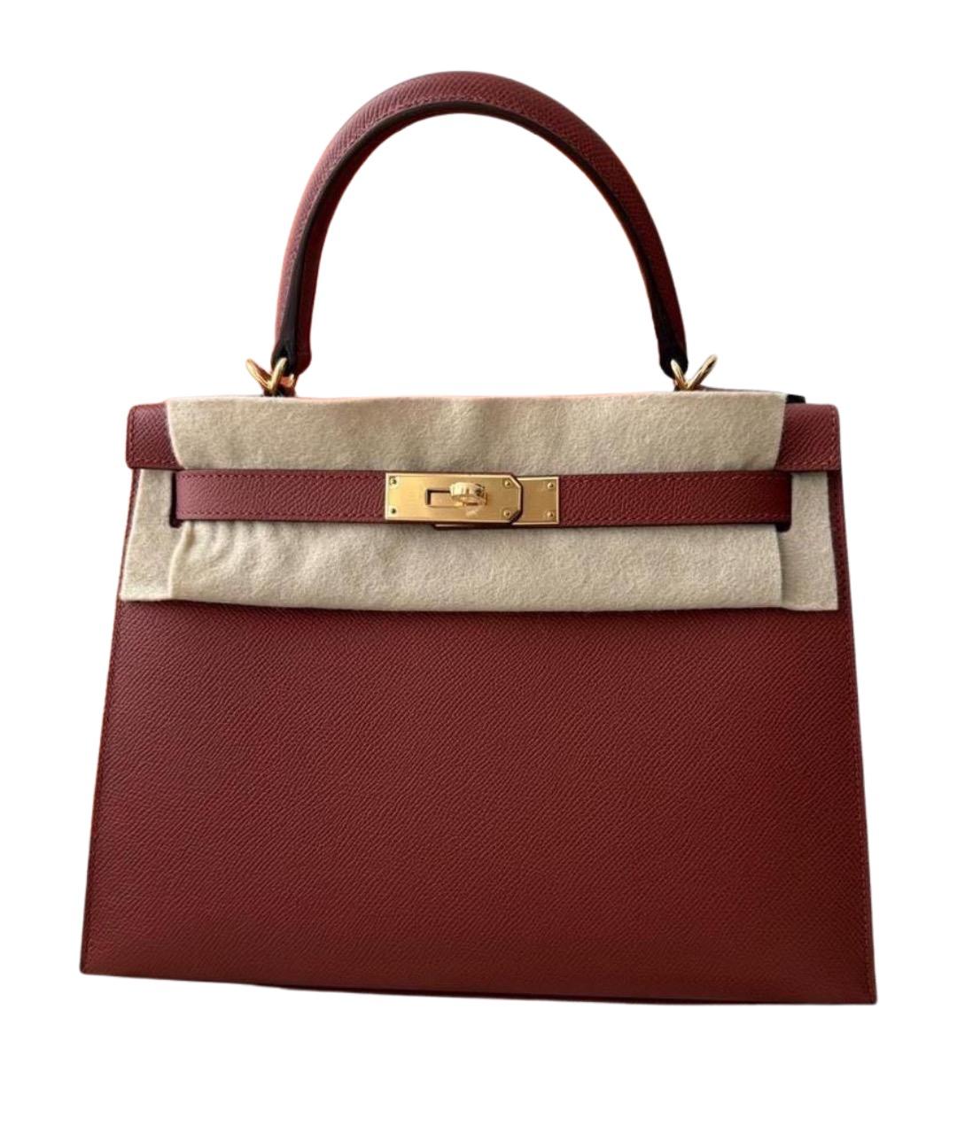 HERMES Бордовая кожаная сумка с короткими ручками, фото 1