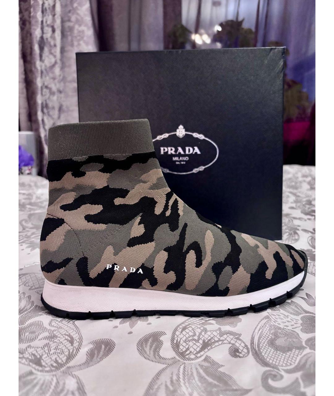 PRADA Хаки текстильные кроссовки, фото 9