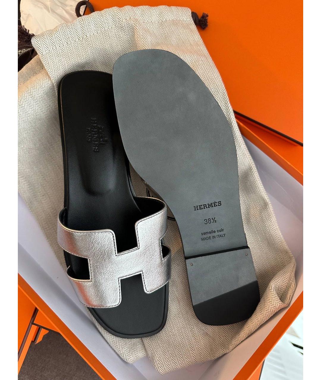 HERMES Серебряные кожаные шлепанцы, фото 3