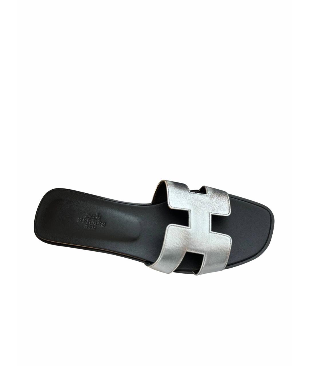 HERMES Серебряные кожаные шлепанцы, фото 1