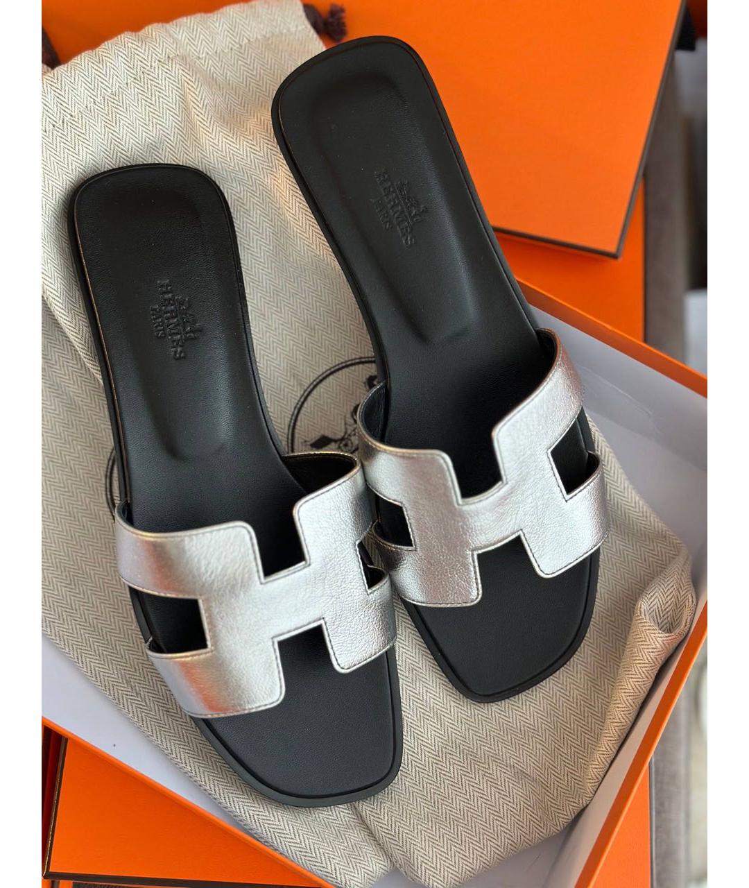 HERMES Серебряные кожаные шлепанцы, фото 5