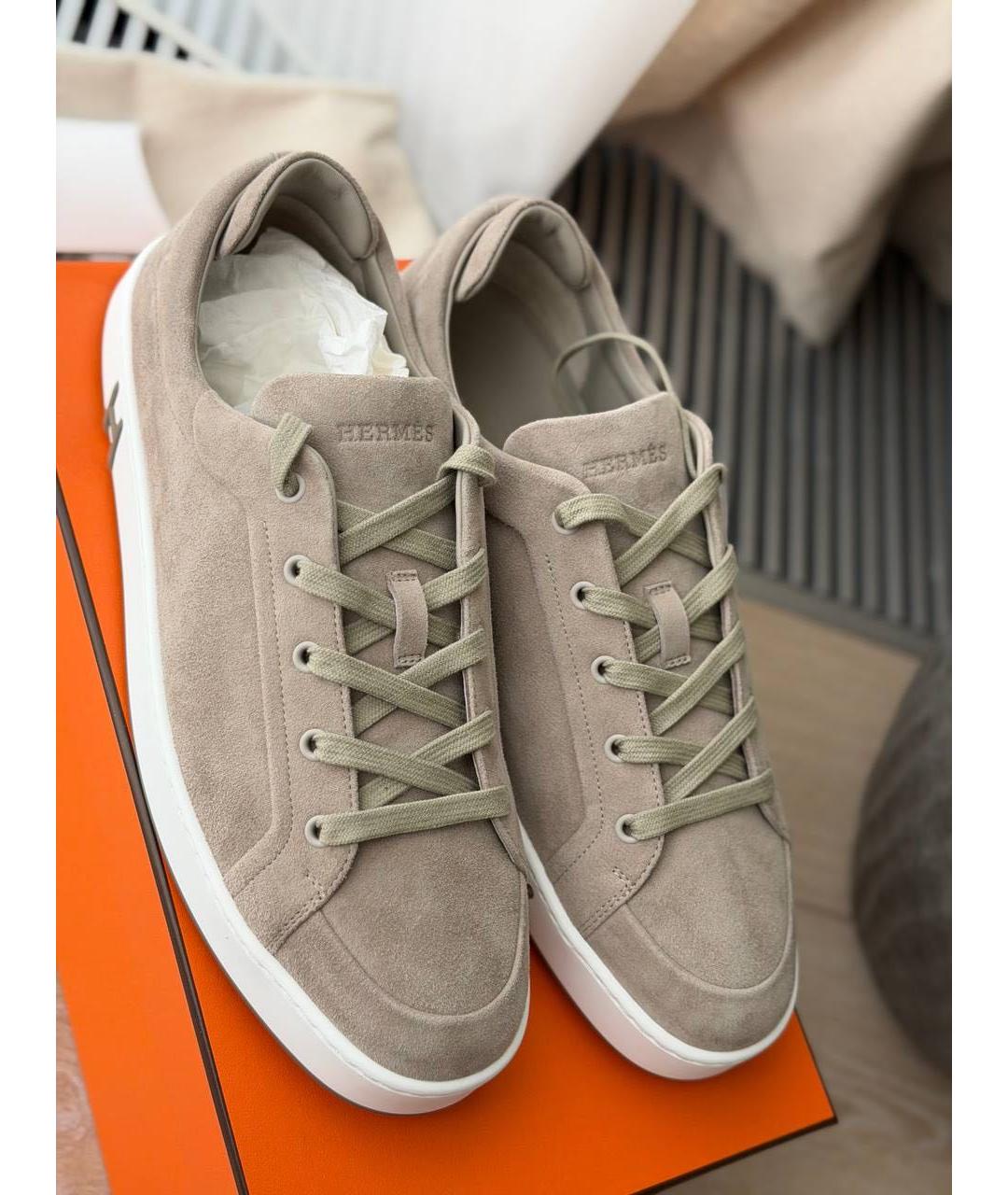 HERMES Бежевые замшевые низкие кроссовки / кеды, фото 3