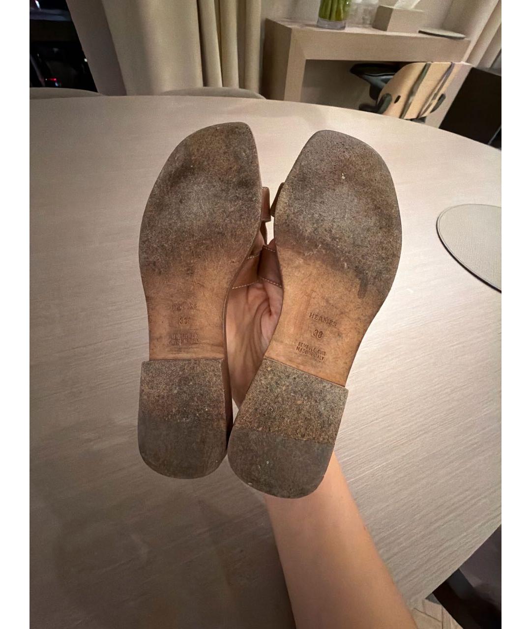 HERMES Коричневые кожаные шлепанцы, фото 5