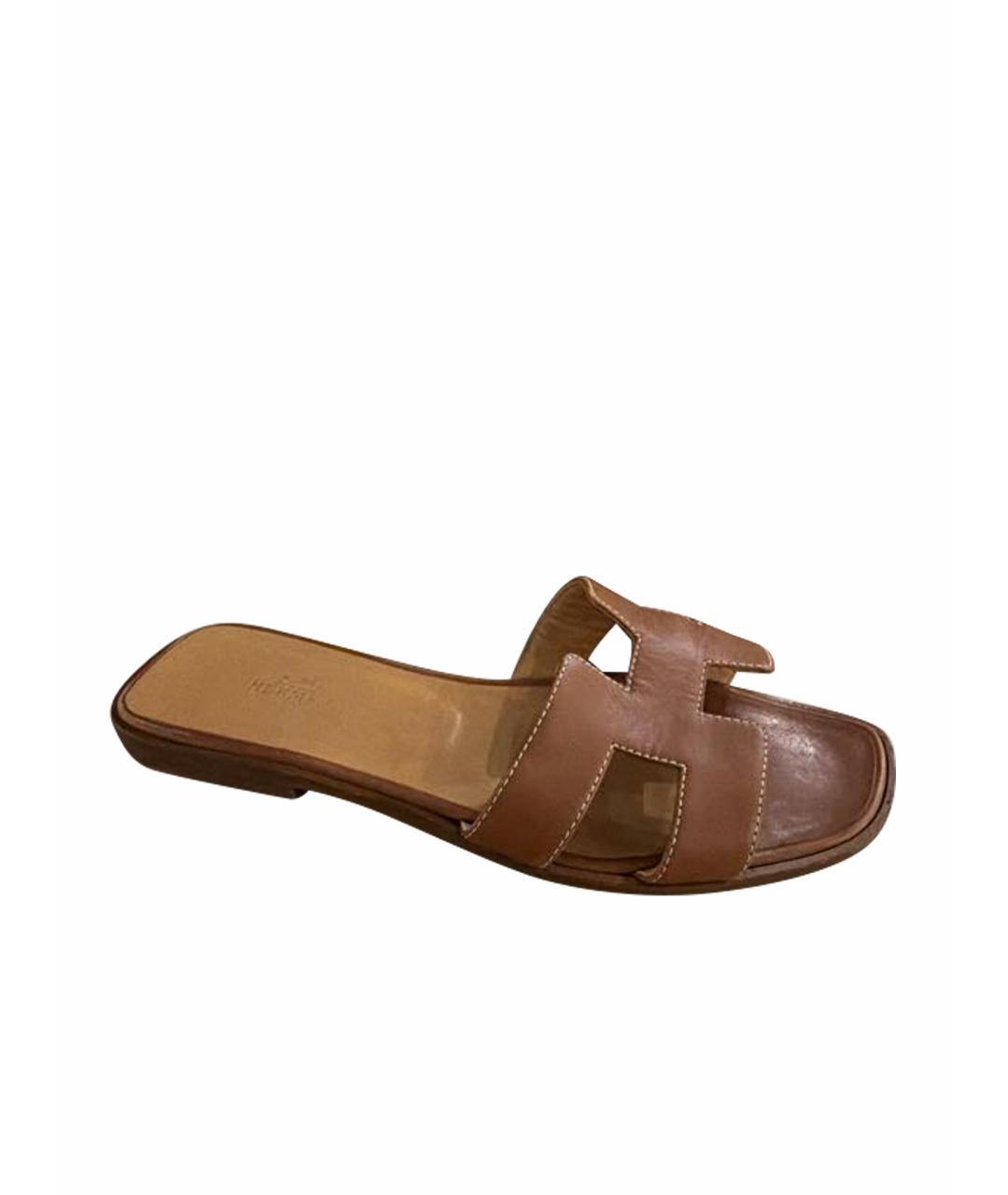 HERMES Коричневые кожаные шлепанцы, фото 1
