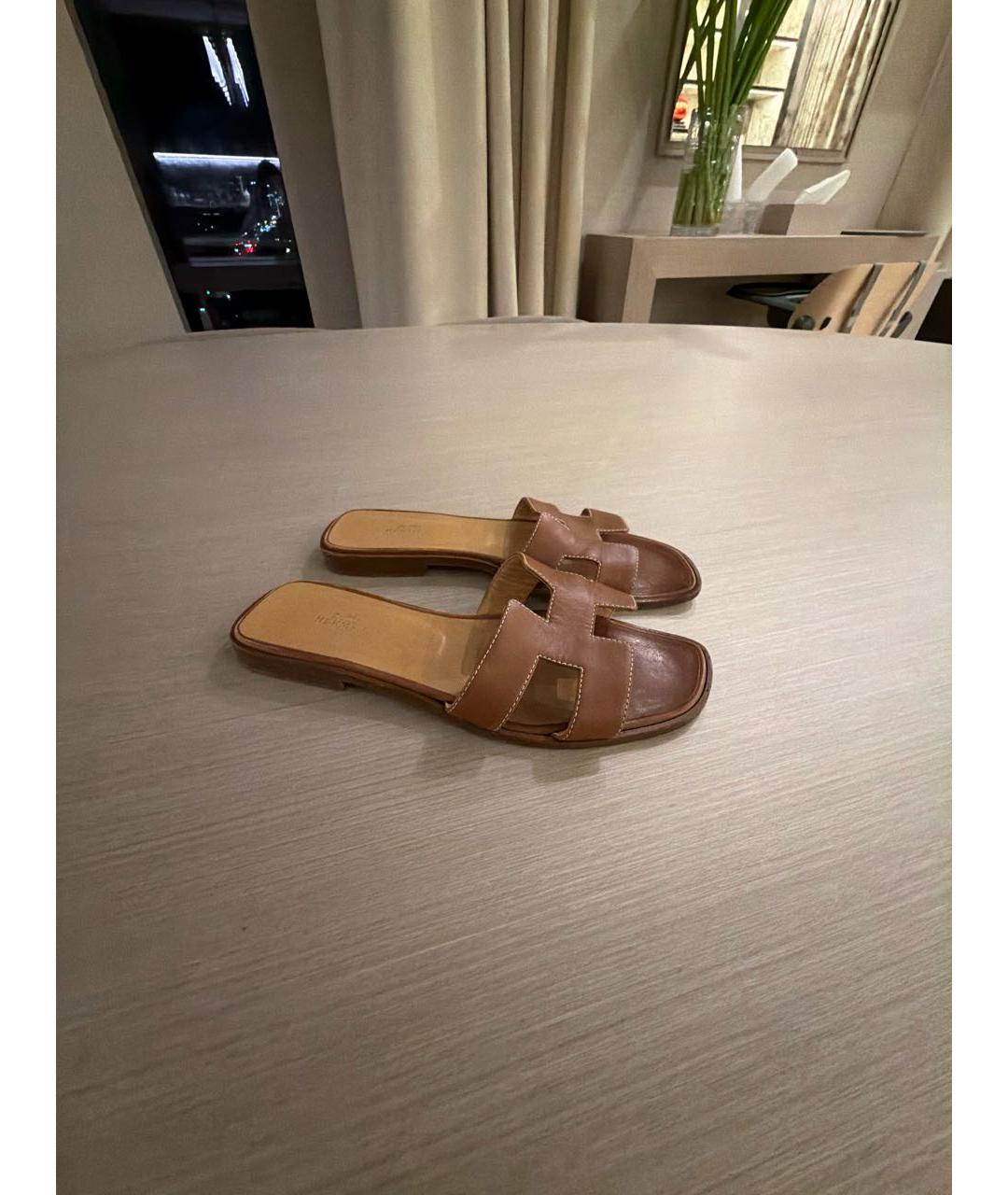 HERMES Коричневые кожаные шлепанцы, фото 6