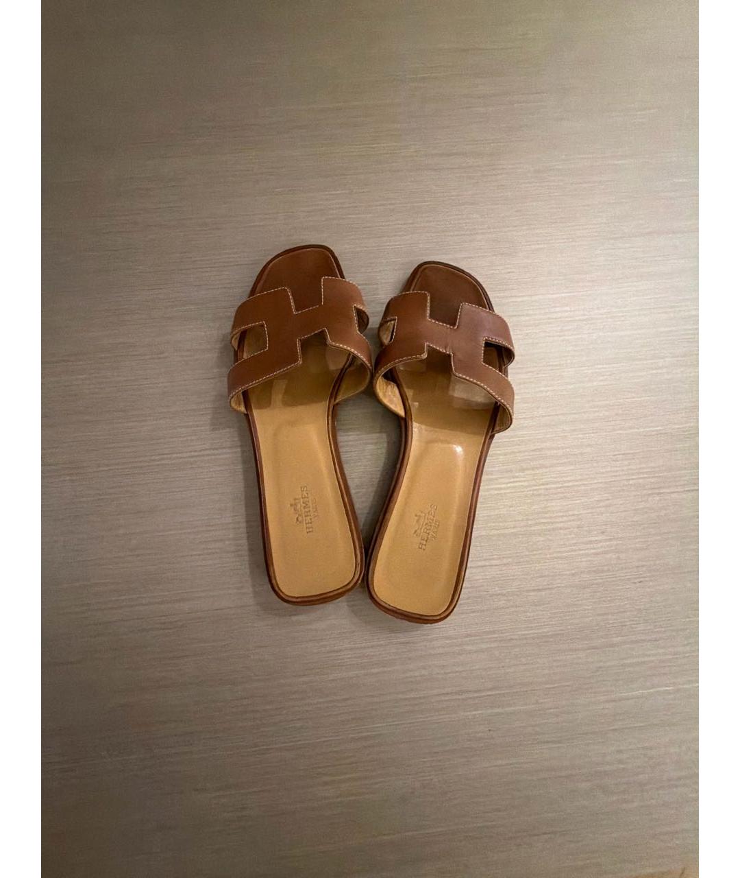 HERMES Коричневые кожаные шлепанцы, фото 3