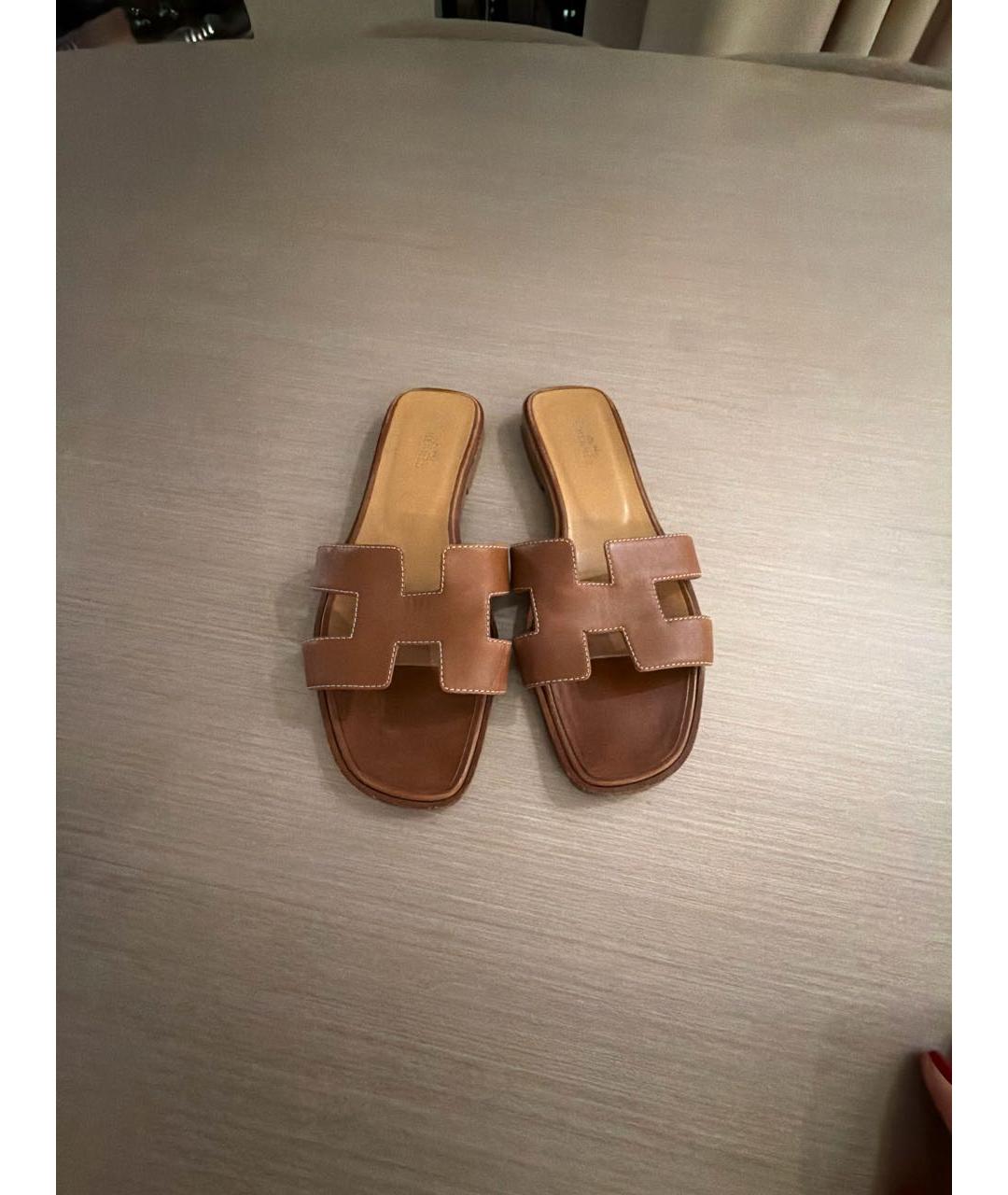 HERMES Коричневые кожаные шлепанцы, фото 2