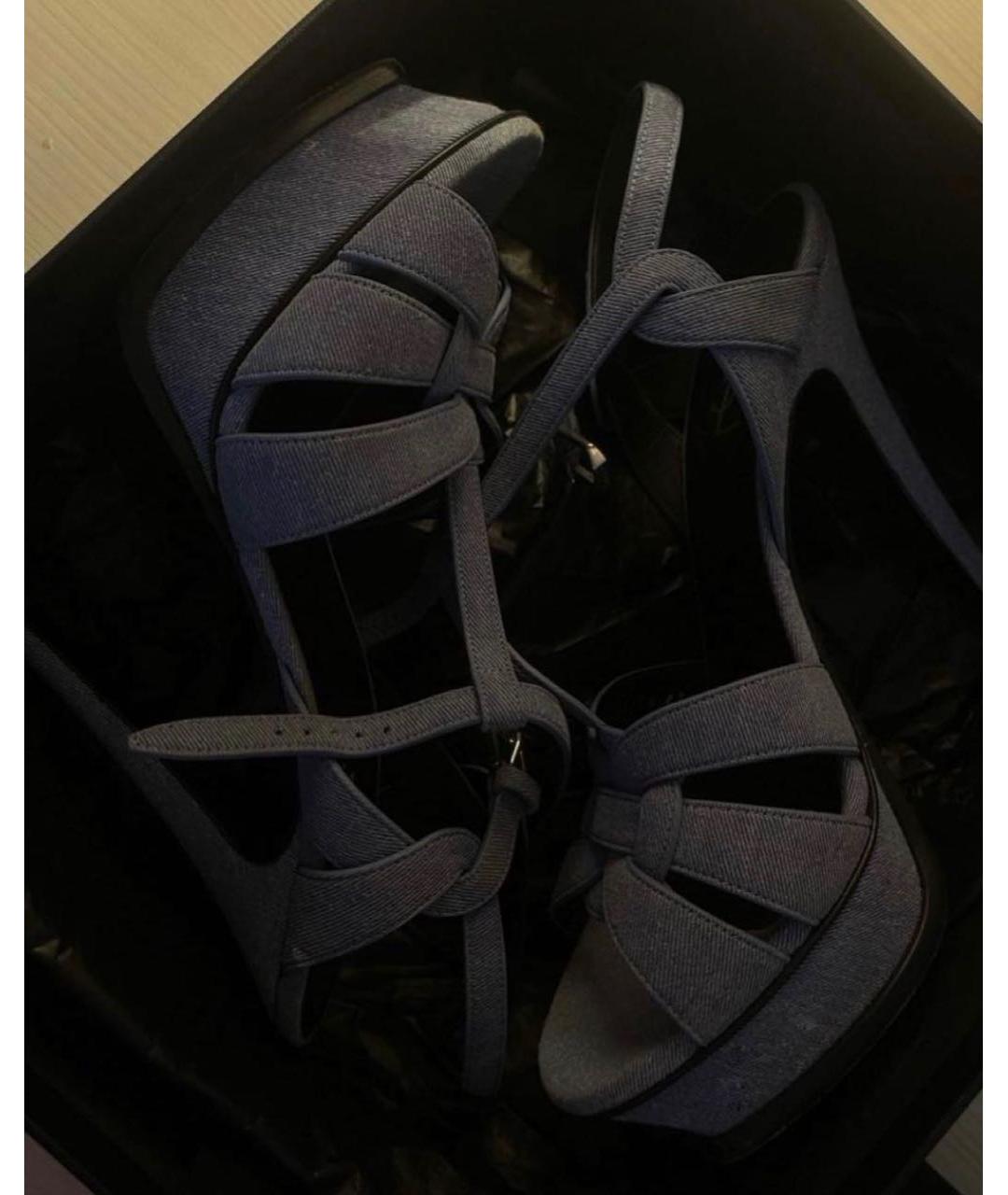 SAINT LAURENT Темно-синие текстильные босоножки, фото 4