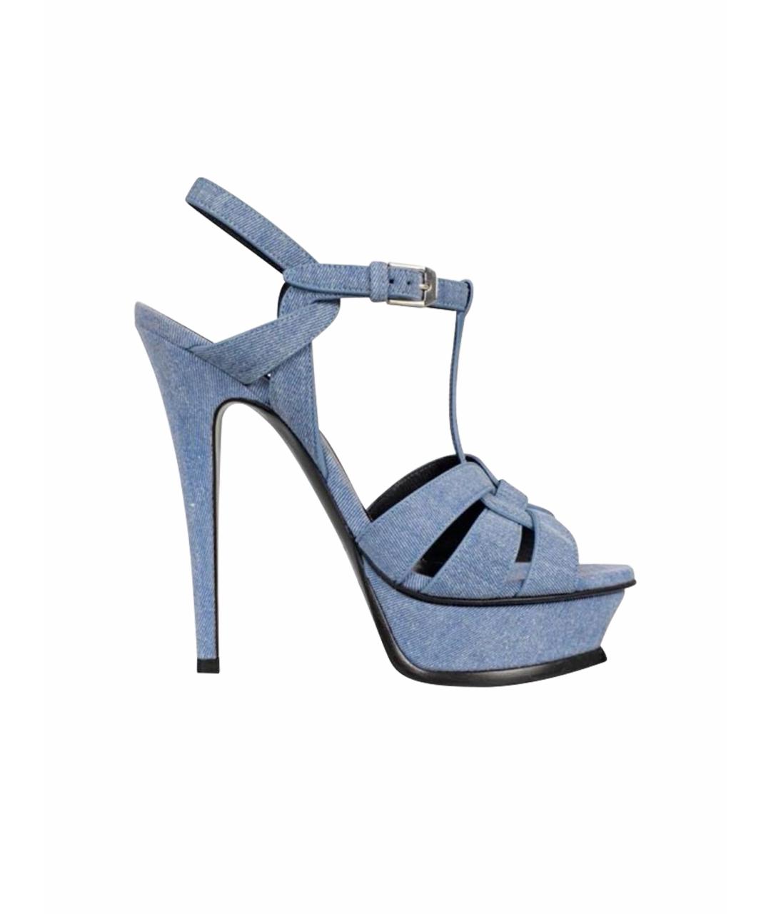 SAINT LAURENT Темно-синие текстильные босоножки, фото 1