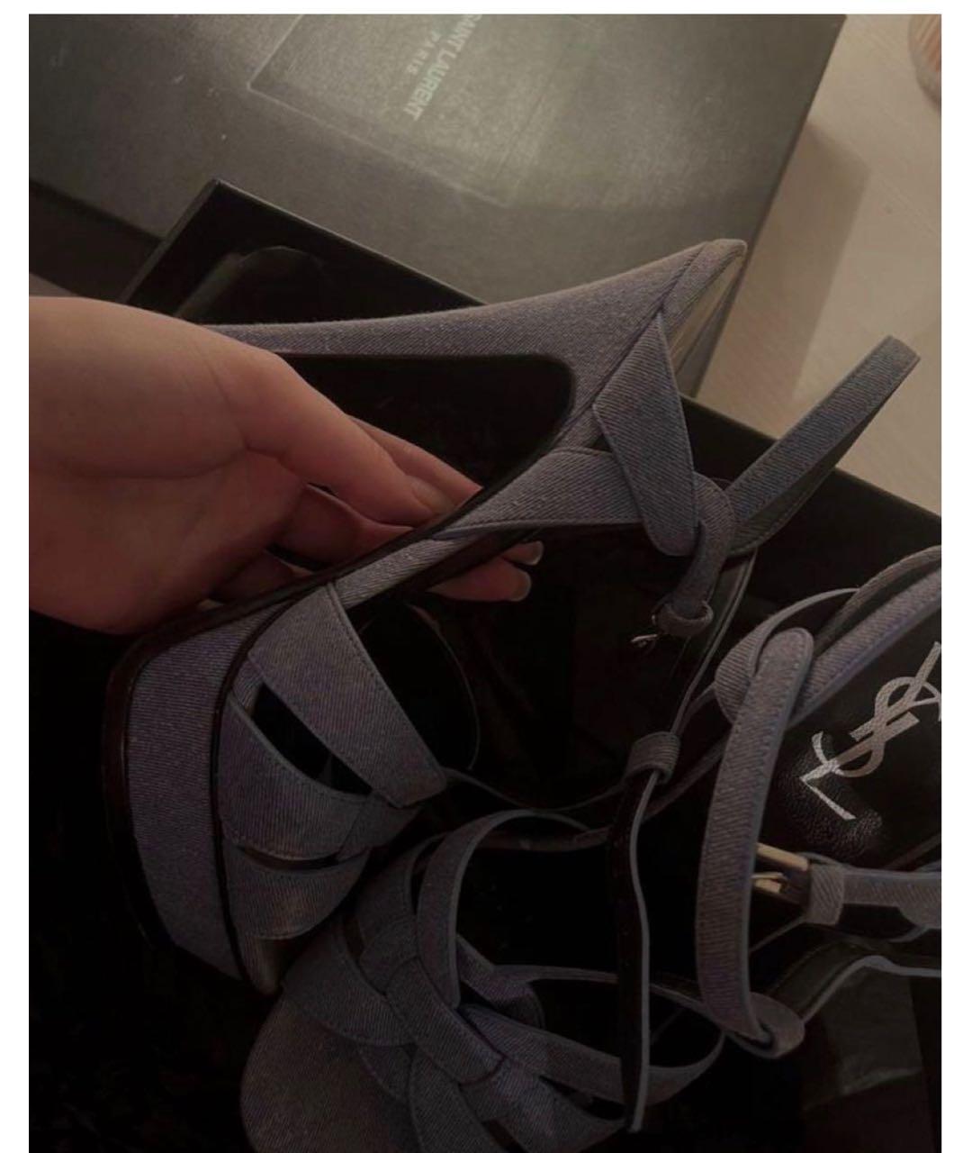 SAINT LAURENT Темно-синие текстильные босоножки, фото 2