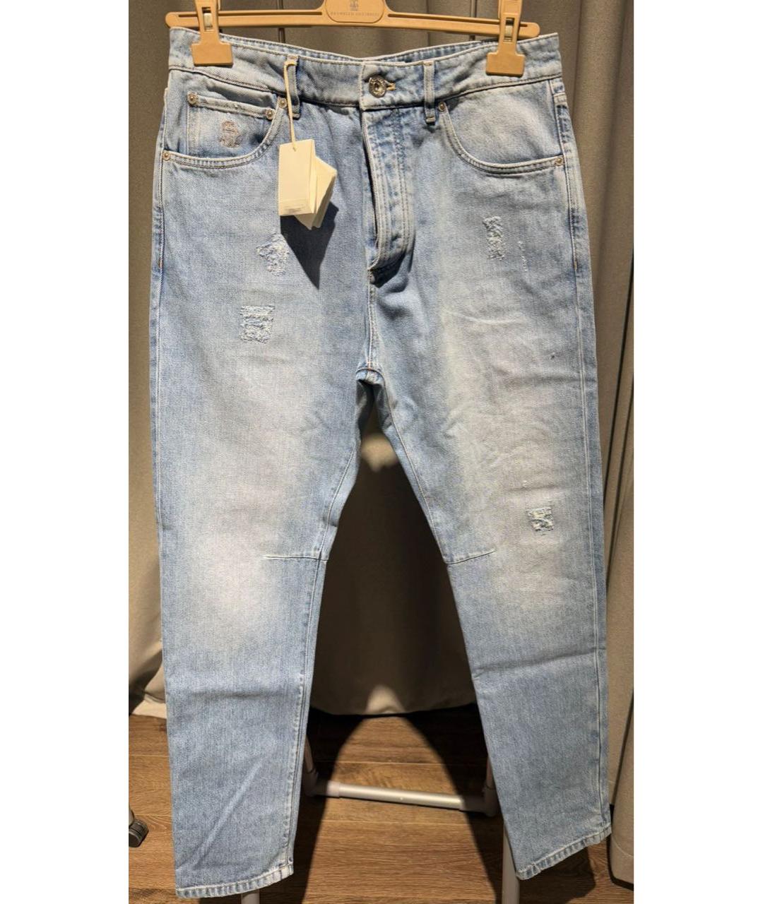 BRUNELLO CUCINELLI Голубые хлопковые прямые джинсы, фото 2